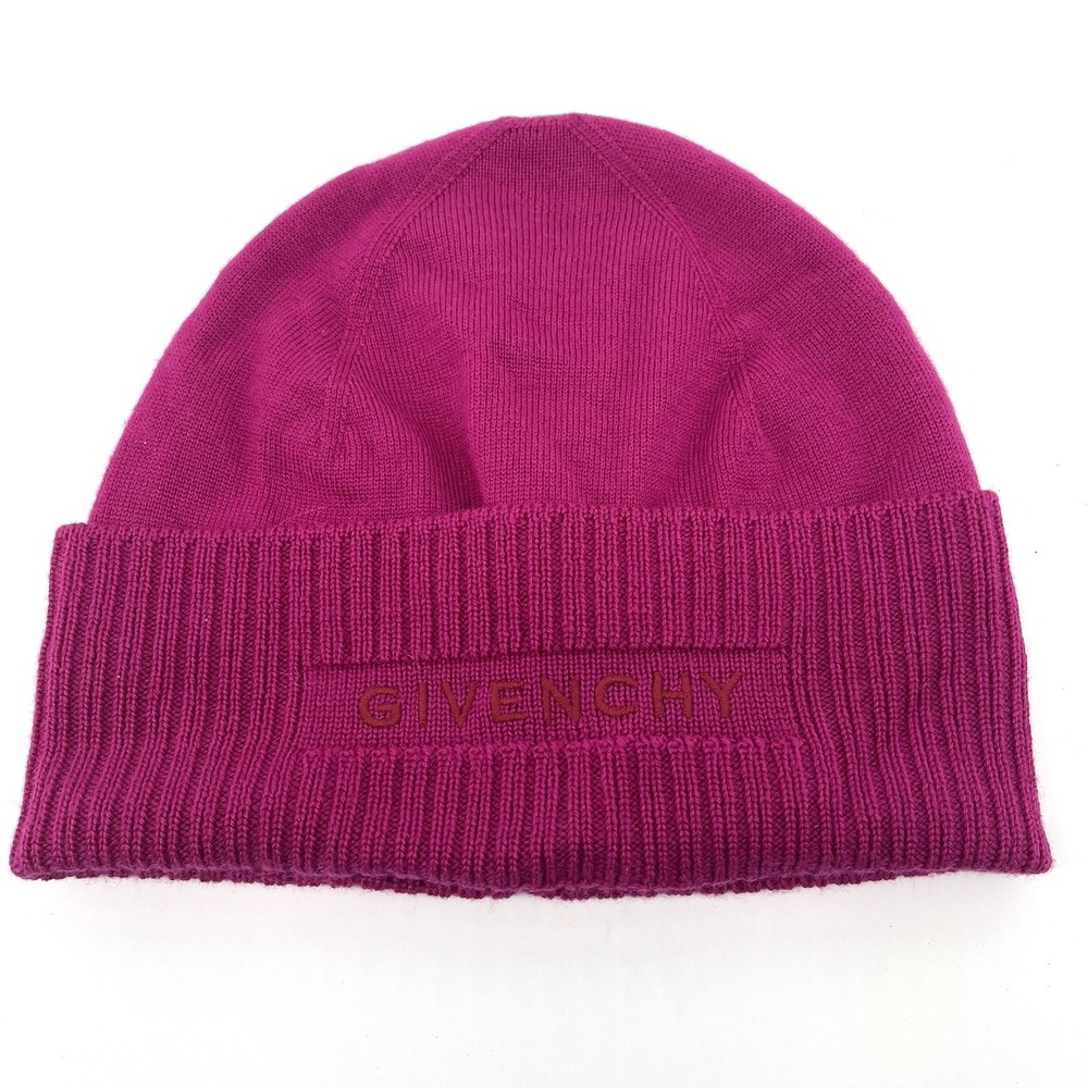 Givenchy Womens Ribbed Embroidered Wool Logo Beanie Hat Fuchsia Peony Pink Italy